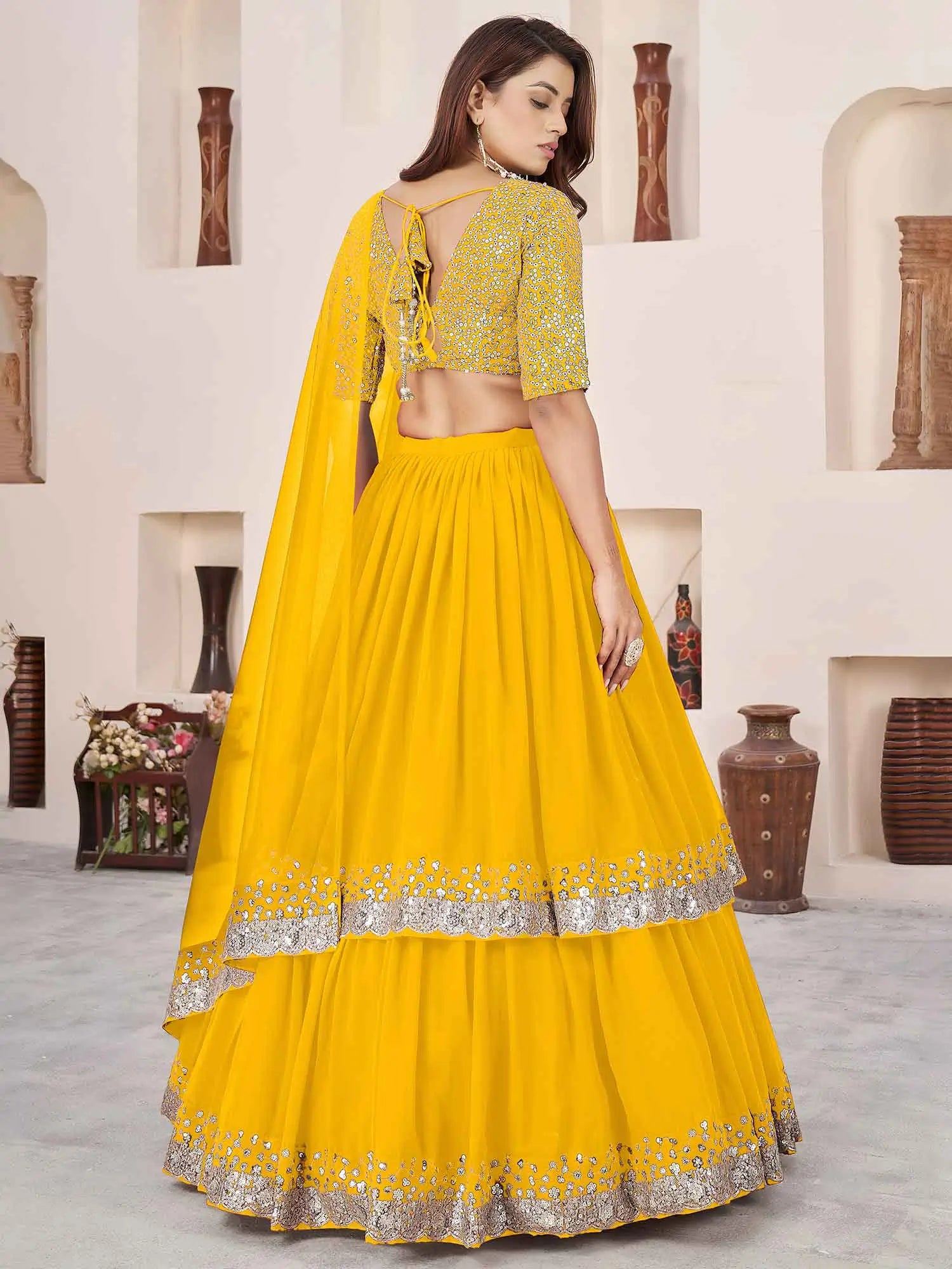 Yellow Georgette Lehenga With Sequins & Zari