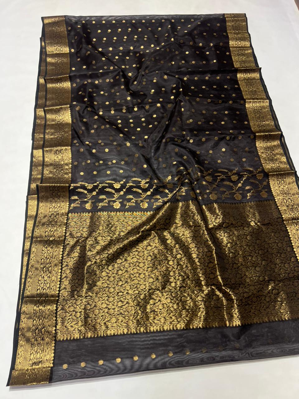 Black Chanderi Handloom Katan Silk Saree