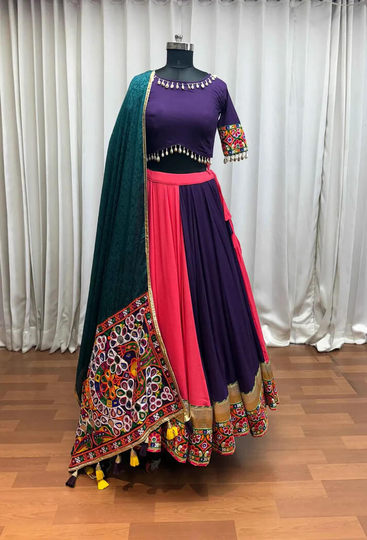 Multi Color Thread & Mirror Work Cotton Navratri Lehenga