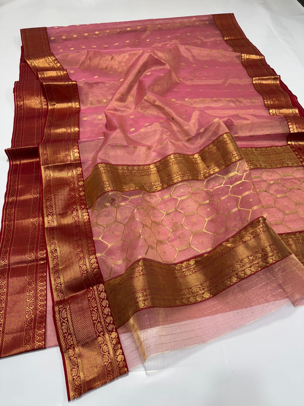Peach Chanderi Handloom Katan Tissue Silk Saree