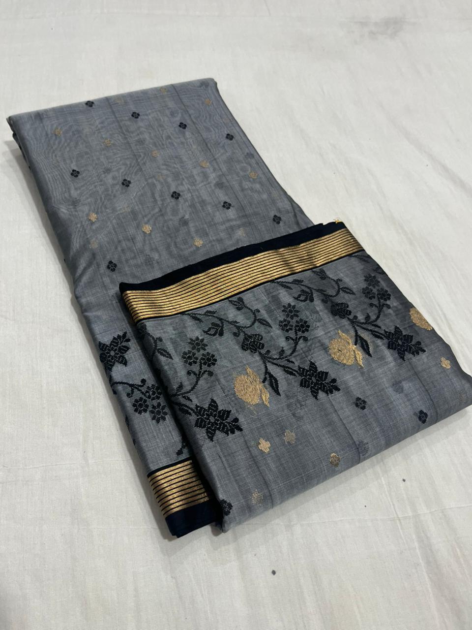 Dark Grey Chanderi Handloom Katan Silk Meenakari Saree