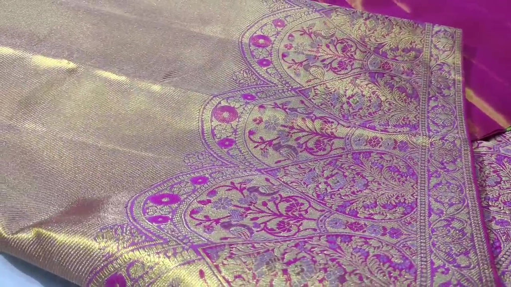 Gold and Hot Pink Kanchipuram Handloom Tissue Brocade Silk Saree