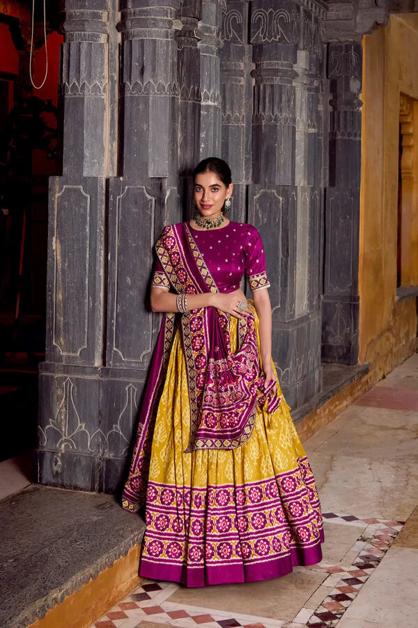 Mustard Yellow Silk Lehenga with Vibrant Ikkat Patterns