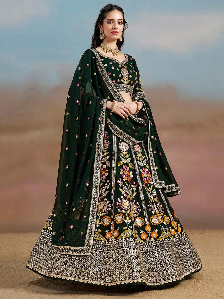 Dark Green Georgette Lehenga with Zari & Sequins Work