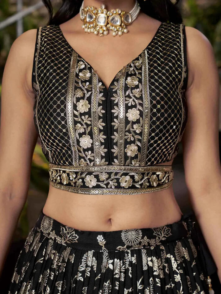 Black Jacquard Lehenga with Zari & Sequins Work