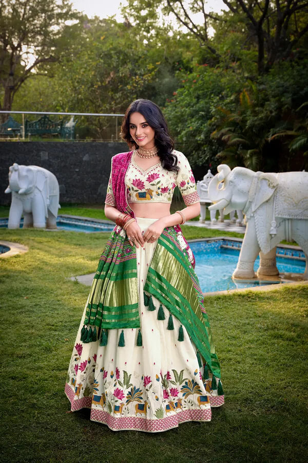 Ethnic Off White Lehenga Choli with Gaji Silk Hot Pink Dupatta