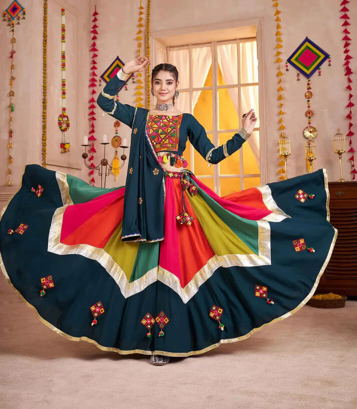 Teal Blue Multi Color Mirror & Thread Work Navratri Lehenga
