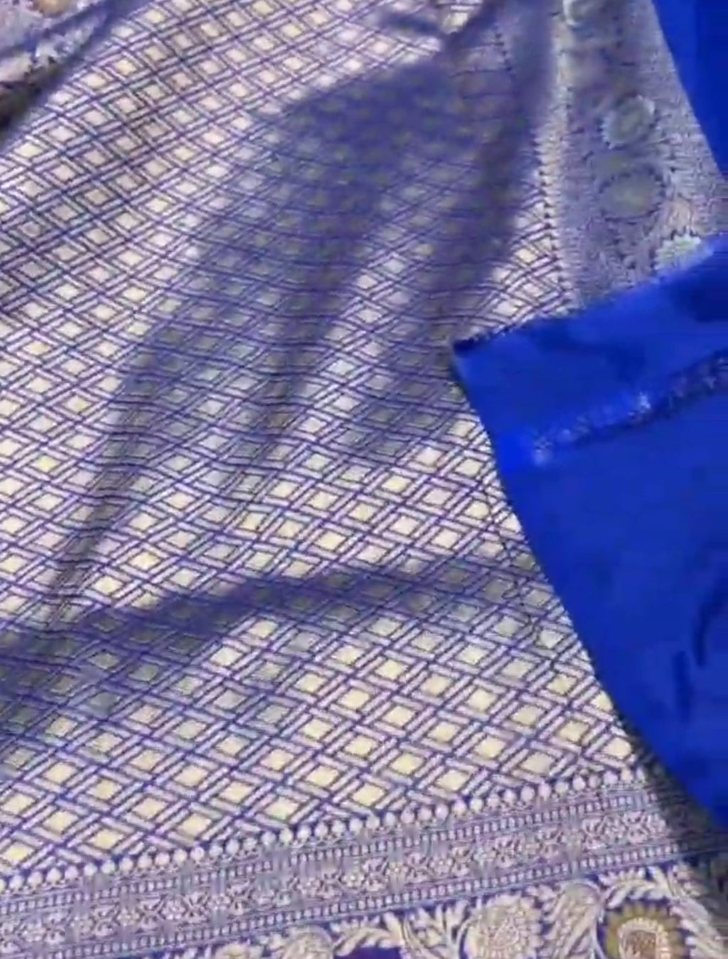 Azure Blue Handloom Banarasi Katan Silk Saree with Colorful Meenakari Floral Borders and Silk Mark Authenticity Label.