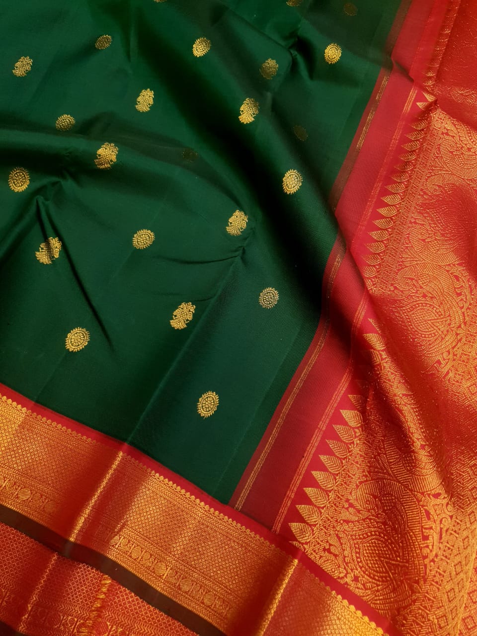Bottle Green Kanchipuram Handloom 2G Gold Pattu Silk Saree