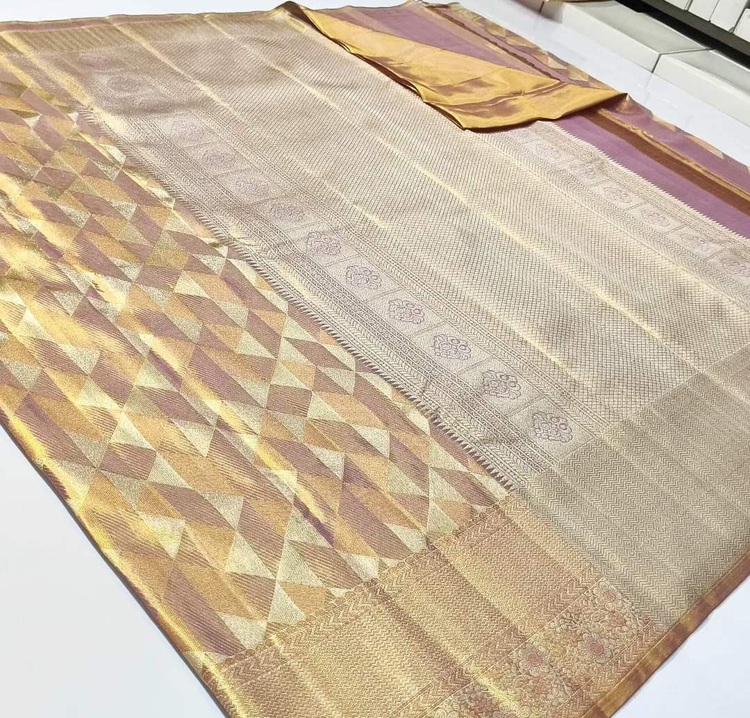 Lavender Kanchipuram Handloom Geometric Tissue Brocade Silk Saree