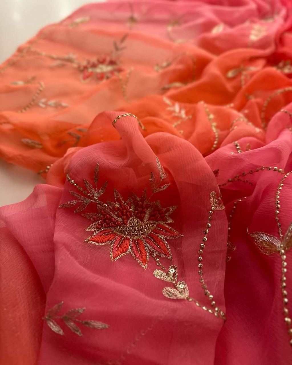 Red Hand Embroidered Diamond Chiffon Silk Saree