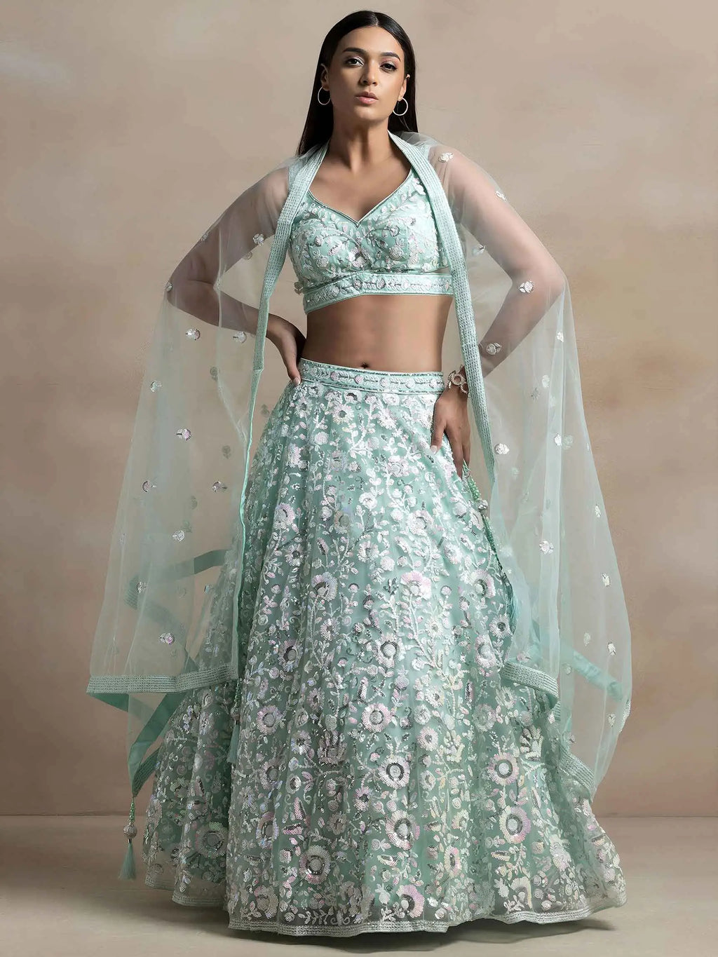 Sky Blue Net Lehenga With Multiple Sequins