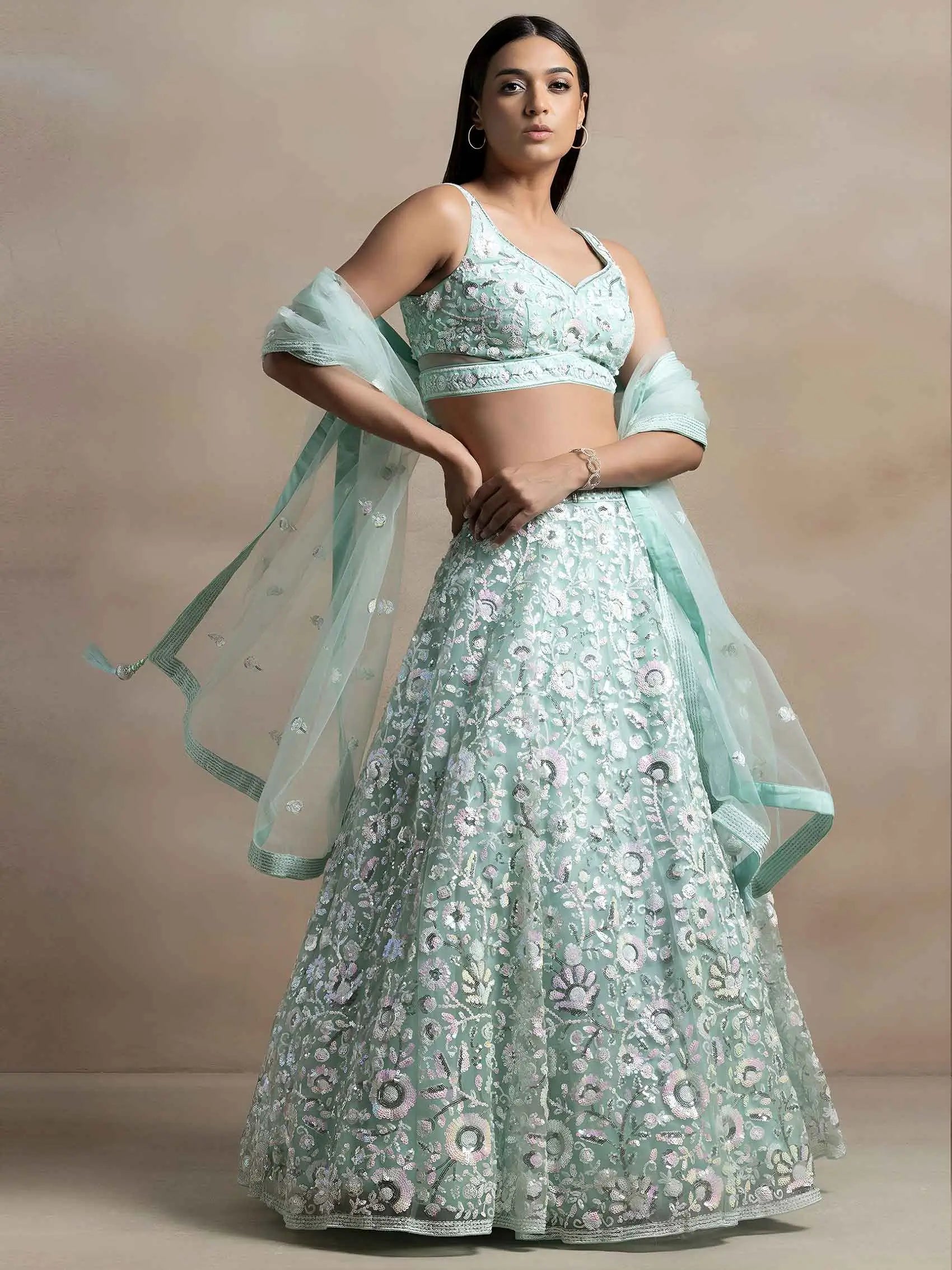 Sky Blue Net Lehenga With Multiple Sequins