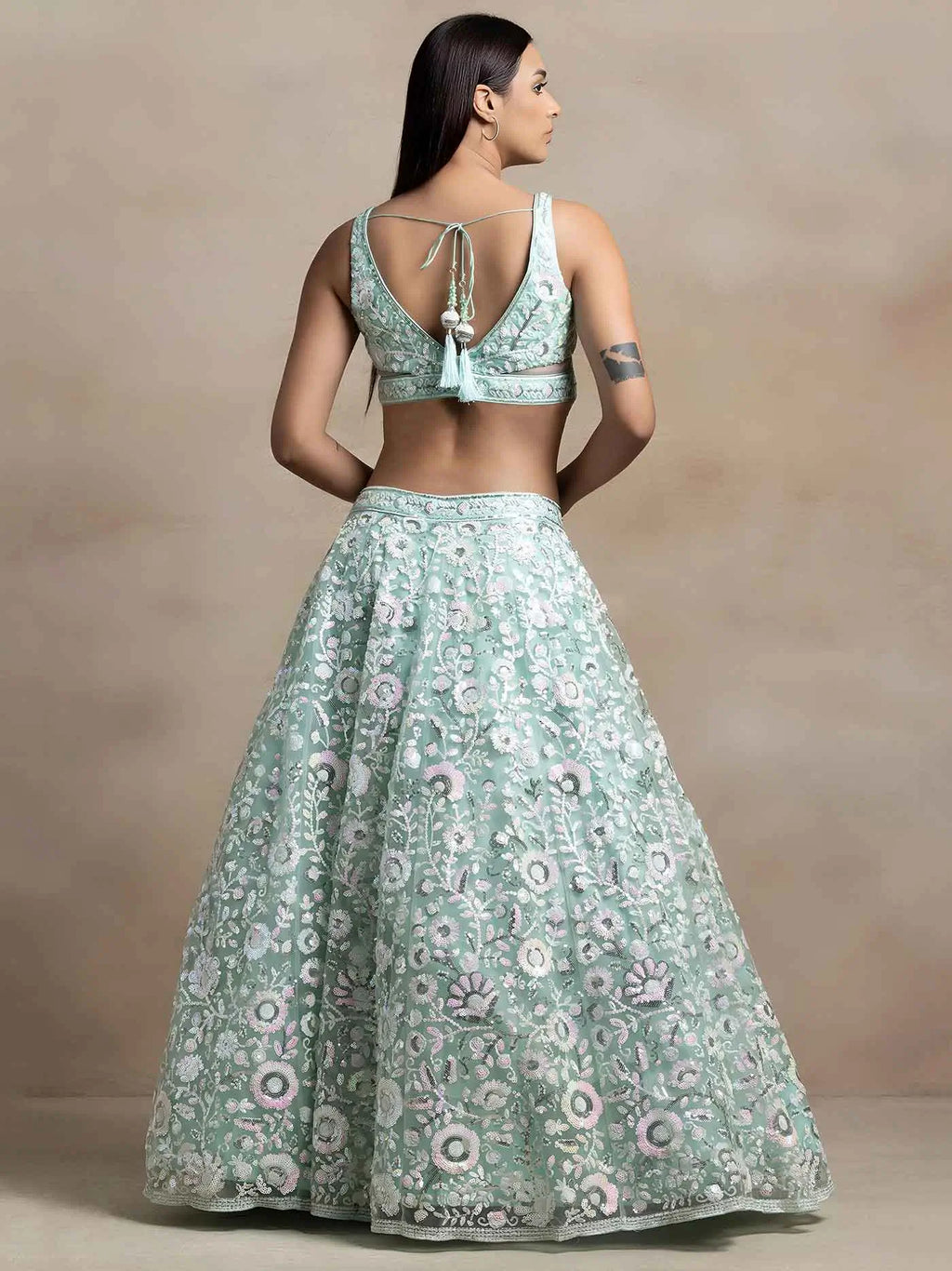 Sky Blue Net Lehenga With Multiple Sequins