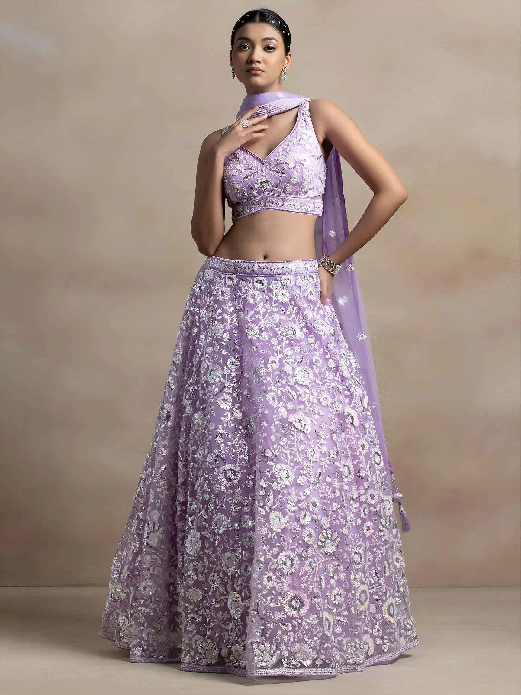 Lavender Net Lehenga With Multiple Sequins