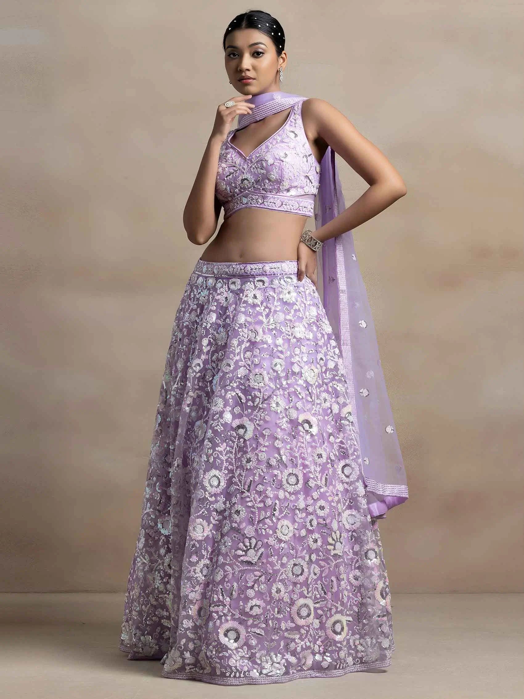 Lavender Net Lehenga With Multiple Sequins