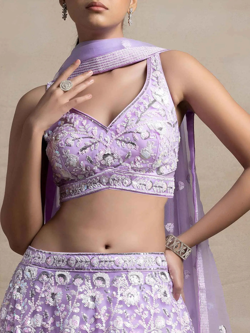 Lavender Net Lehenga With Multiple Sequins