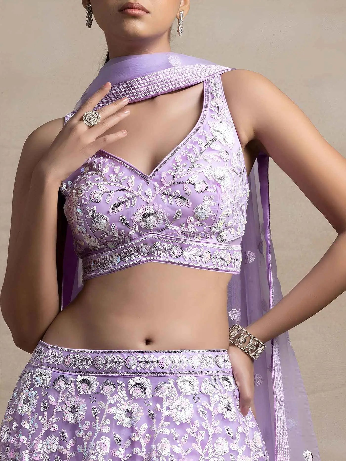 Lavender Net Lehenga With Multiple Sequins