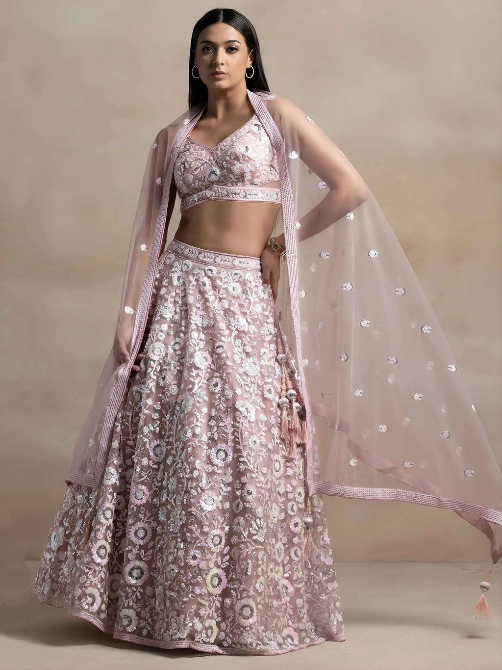 Light Pink Net Lehenga With Multiple Sequins
