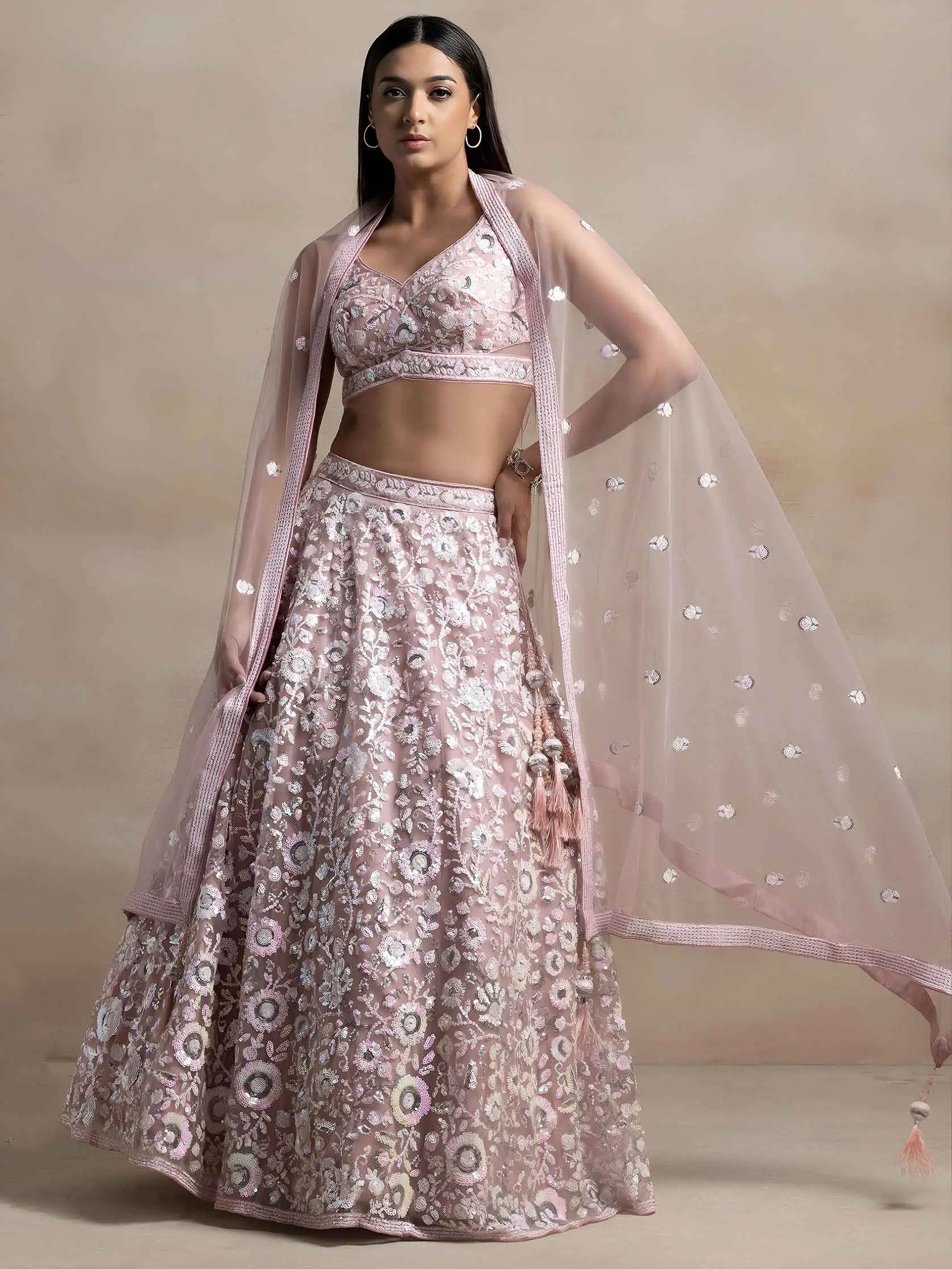 Light Pink Net Lehenga With Multiple Sequins