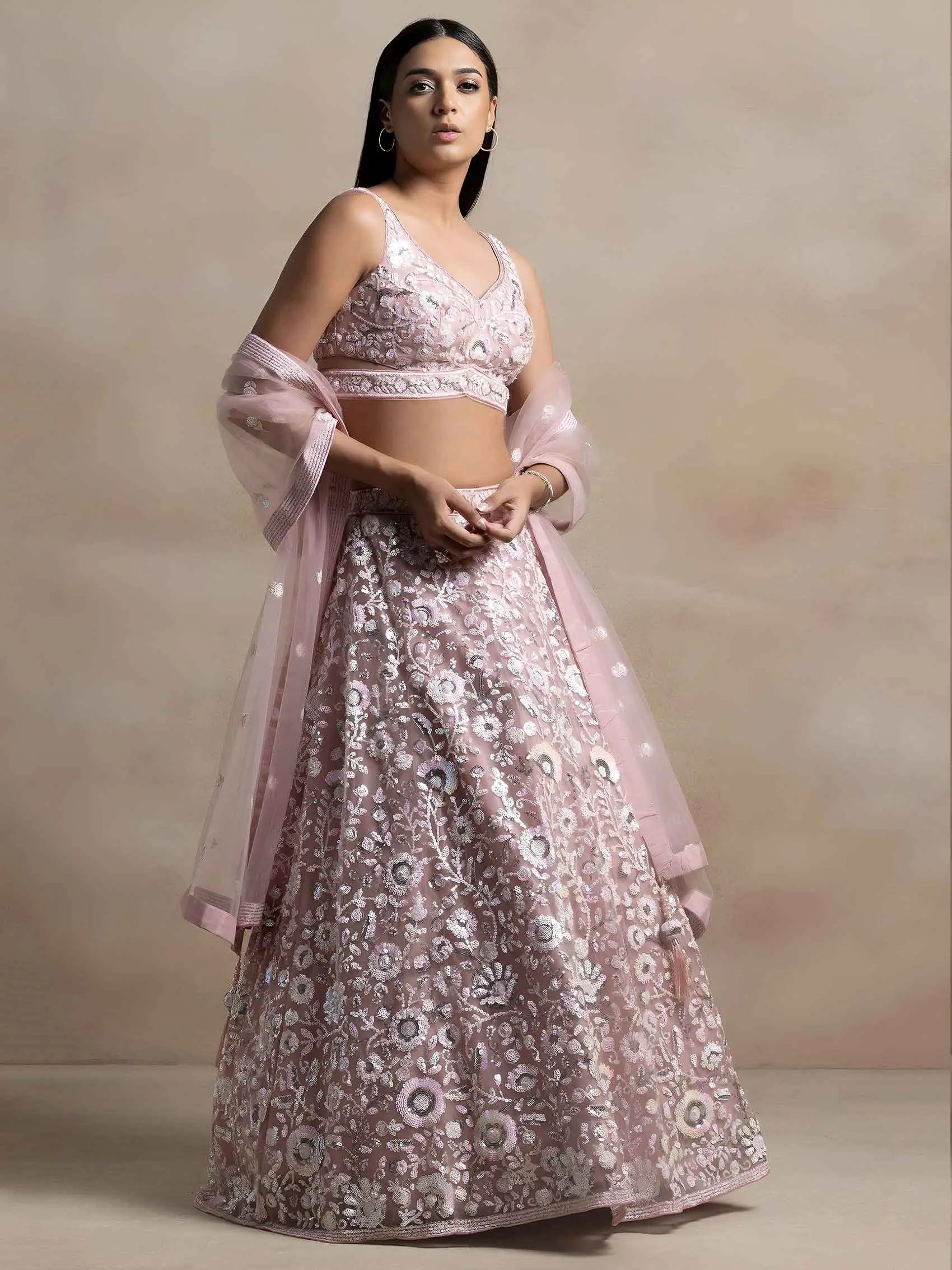 Light Pink Net Lehenga With Multiple Sequins