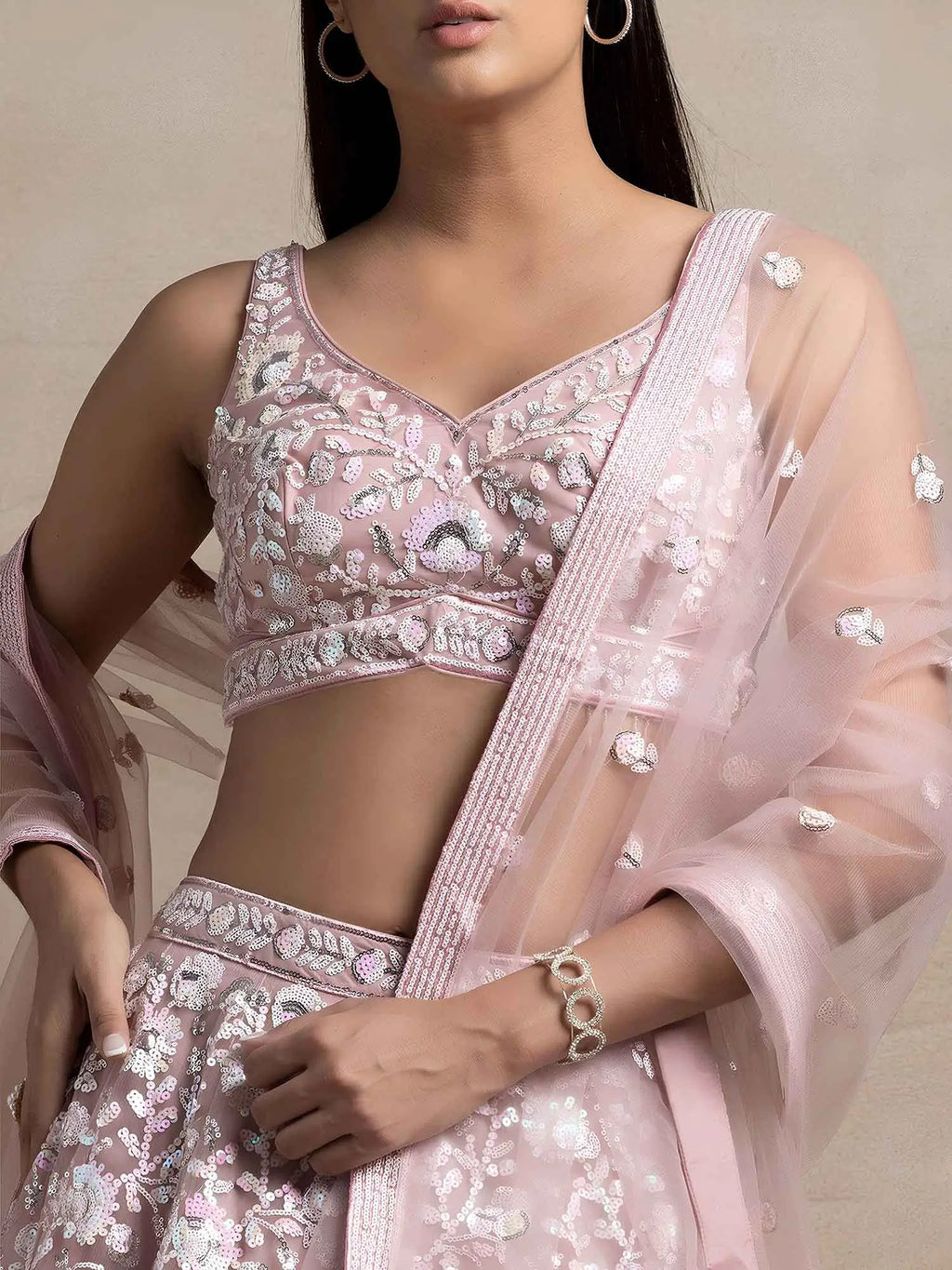 Light Pink Net Lehenga With Multiple Sequins