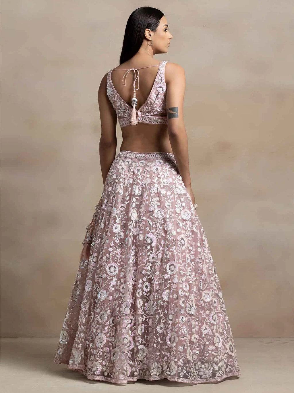 Light Pink Net Lehenga With Multiple Sequins