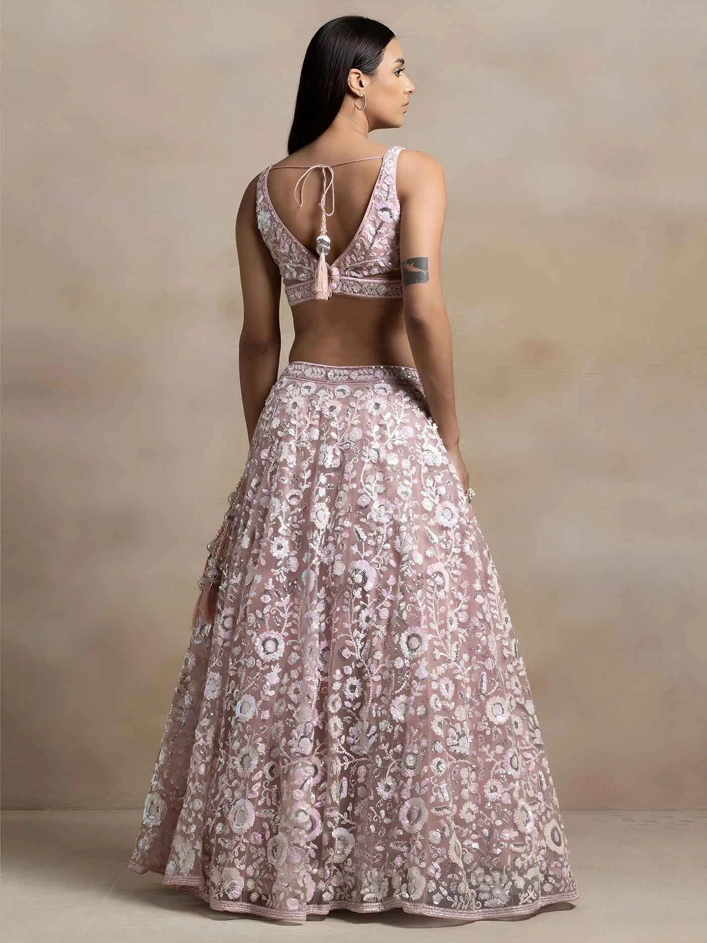 Light Pink Net Lehenga With Multiple Sequins