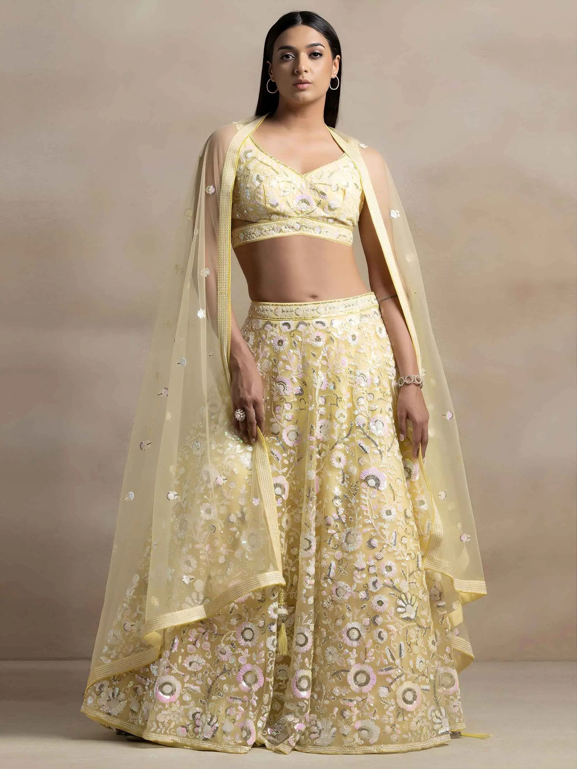 Light Yellow Net Lehenga With Sequins Work
