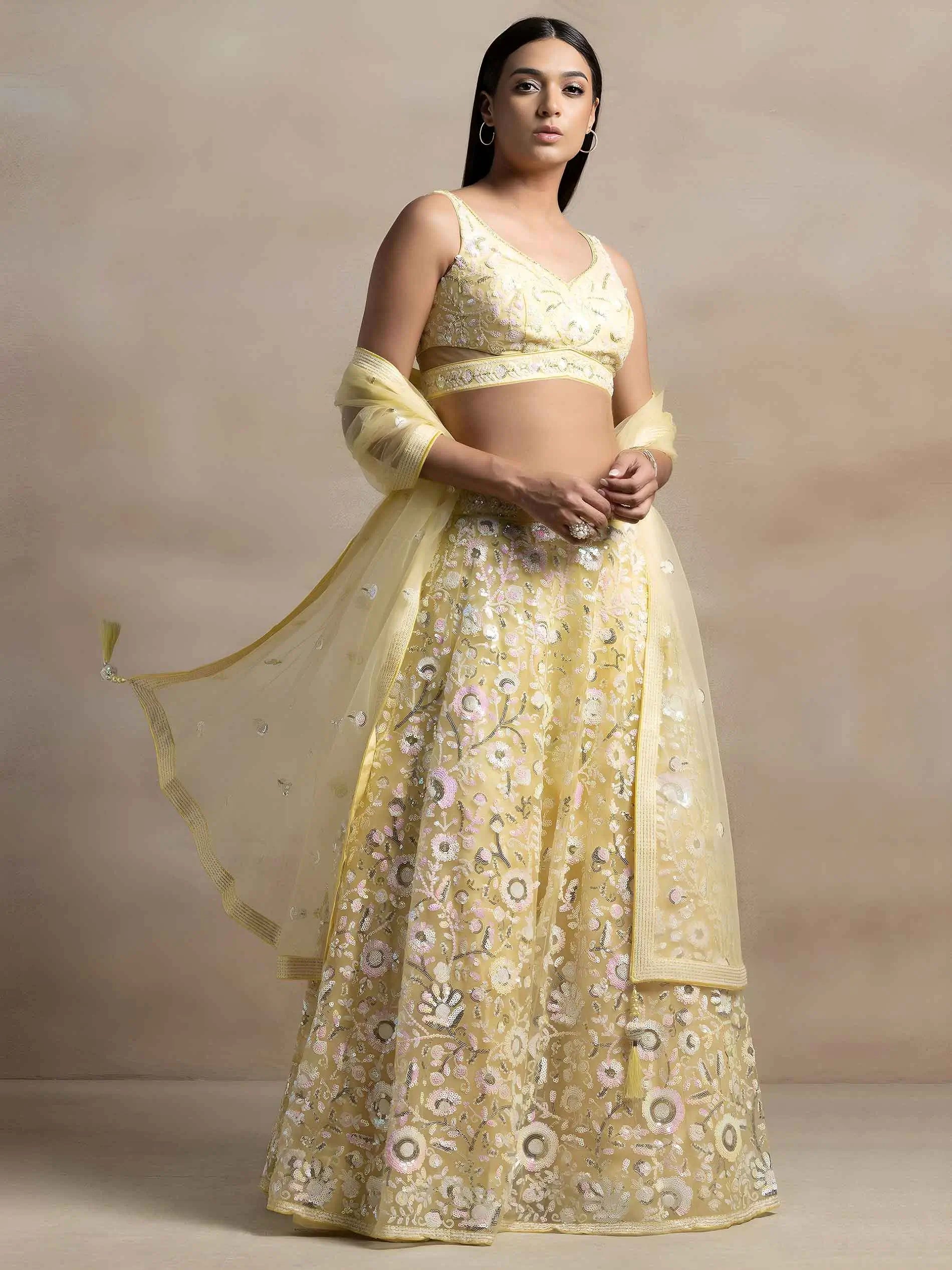 Light Yellow Net Lehenga With Sequins Work