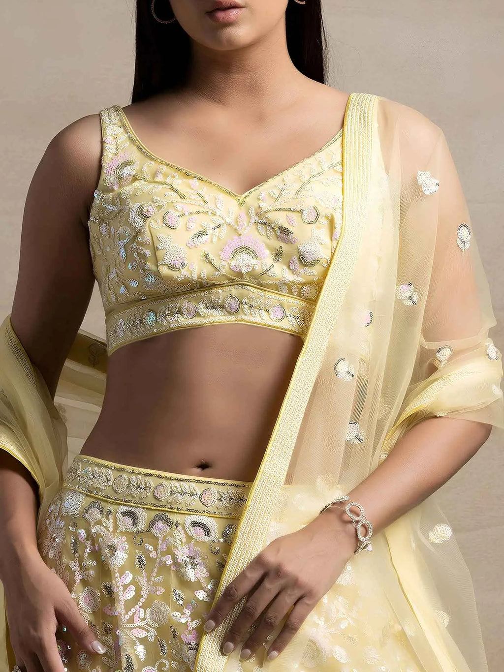 Light Yellow Net Lehenga With Sequins Work