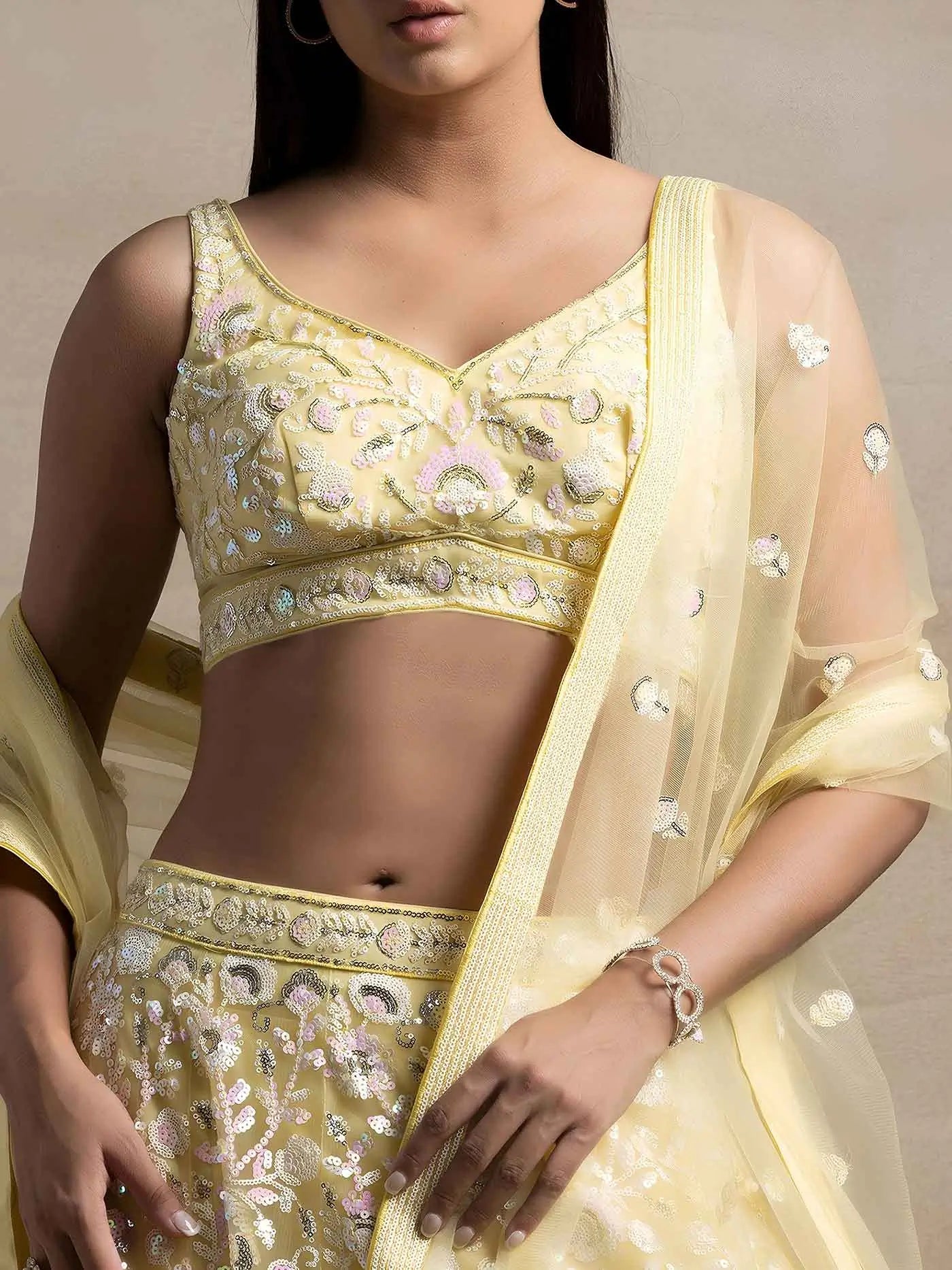 Light Yellow Net Lehenga With Sequins Work