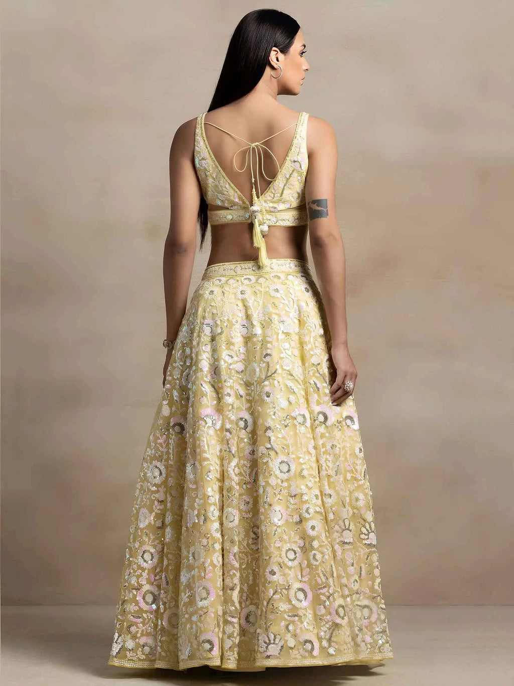 Light Yellow Net Lehenga With Sequins Work