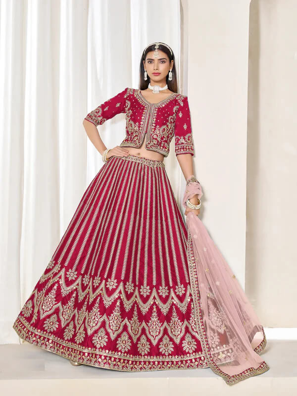 Red Art Silk Lehenga with Thread & Sequins Work