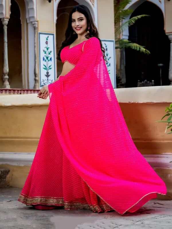 Rani Pink Leheriya Georgette Lehenga with Zari Lace