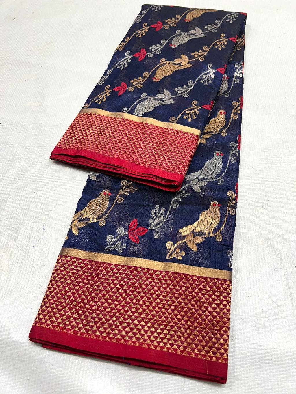 Dark Blue Chanderi Handloom Pattu Silk Meenakari Handwork Saree