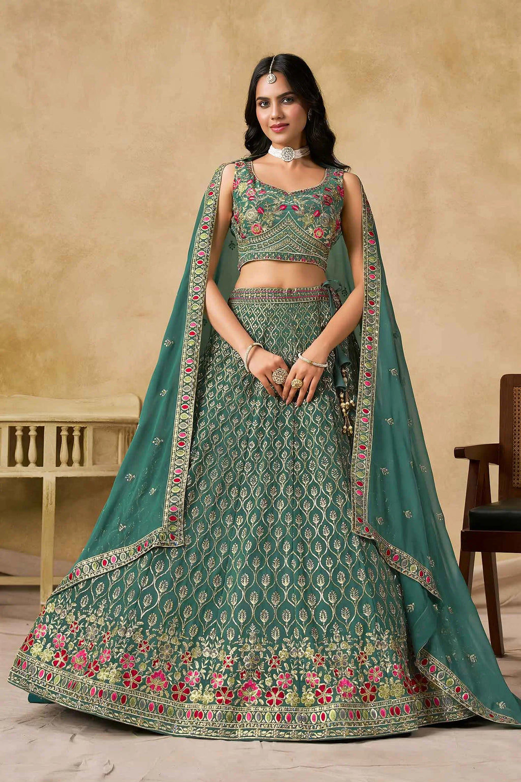 Beetle Green Lehenga With Sequins Embroidery