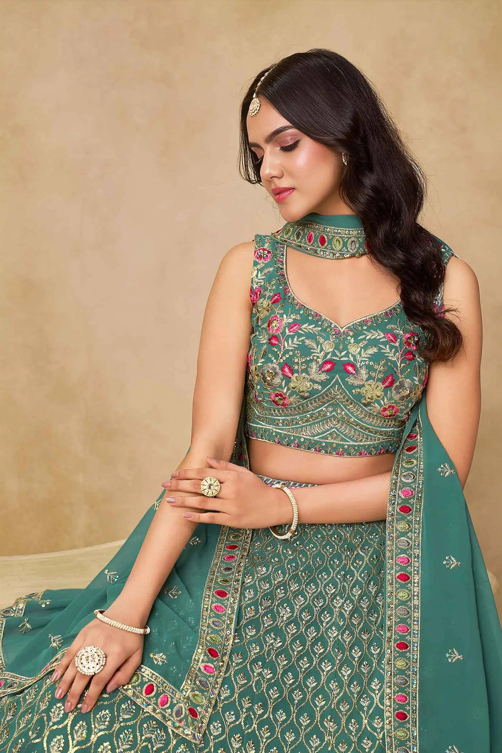 Beetle Green Lehenga With Sequins Embroidery
