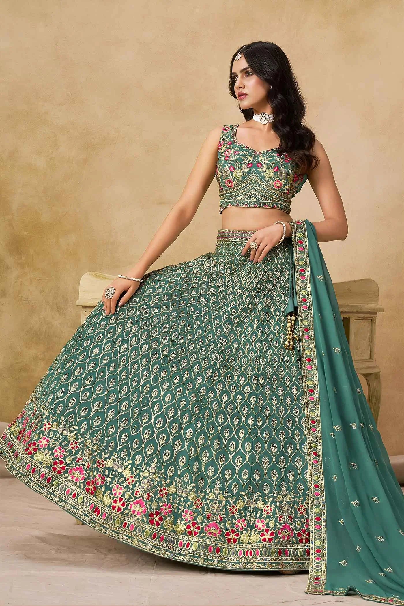 Beetle Green Lehenga With Sequins Embroidery