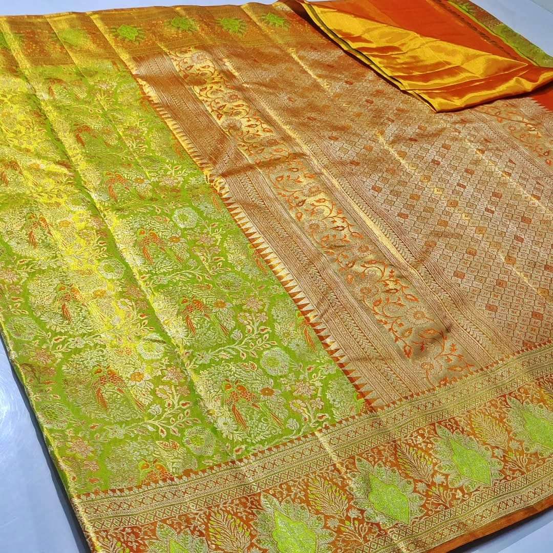 Lime Green Kanchipuram Handloom Tissue Brocade Meenakari Silk Saree