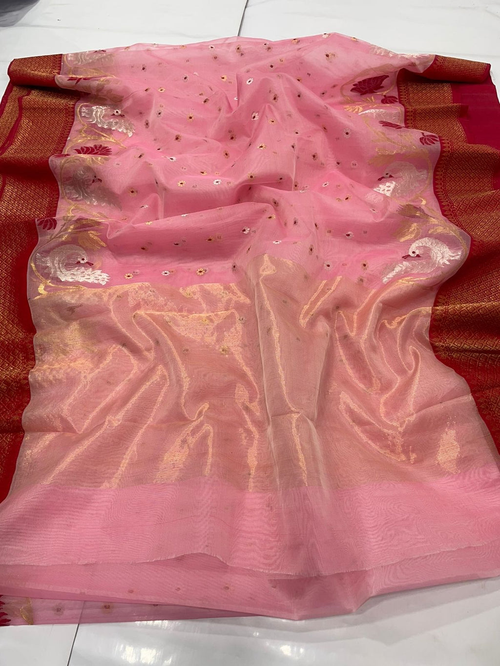 Coral Pink Chanderi handloom Katan Silk Meenakari Saree