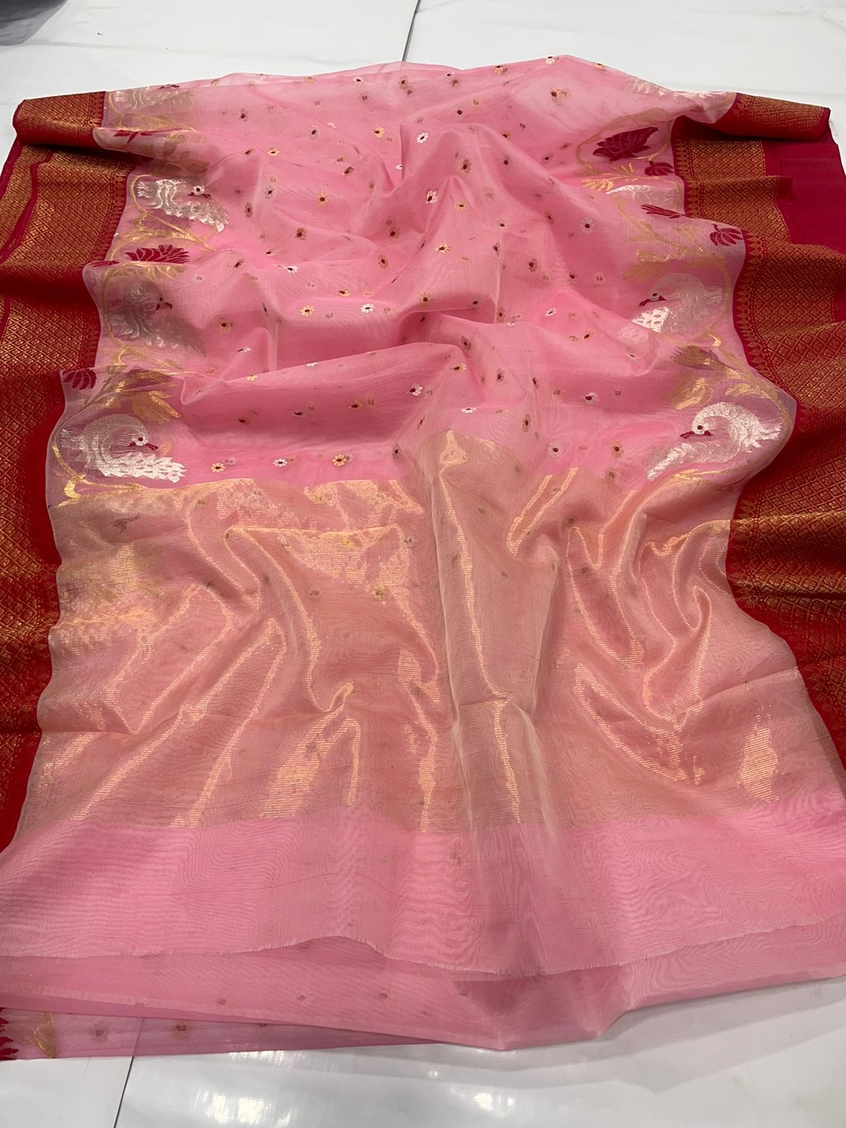 Coral Pink Chanderi handloom Katan Silk Meenakari Saree