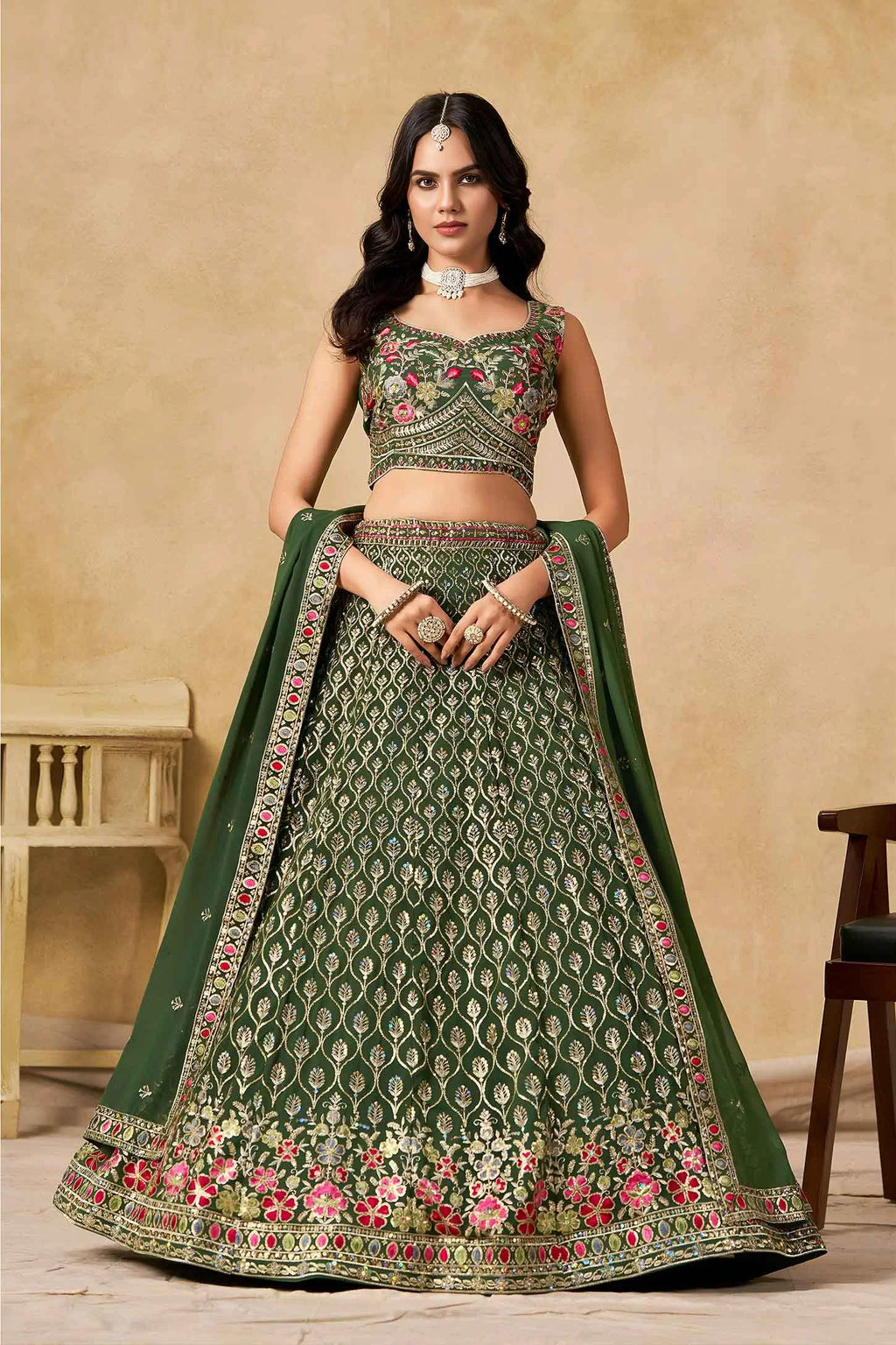 Dark Green Lehenga With Sequins Embroidery