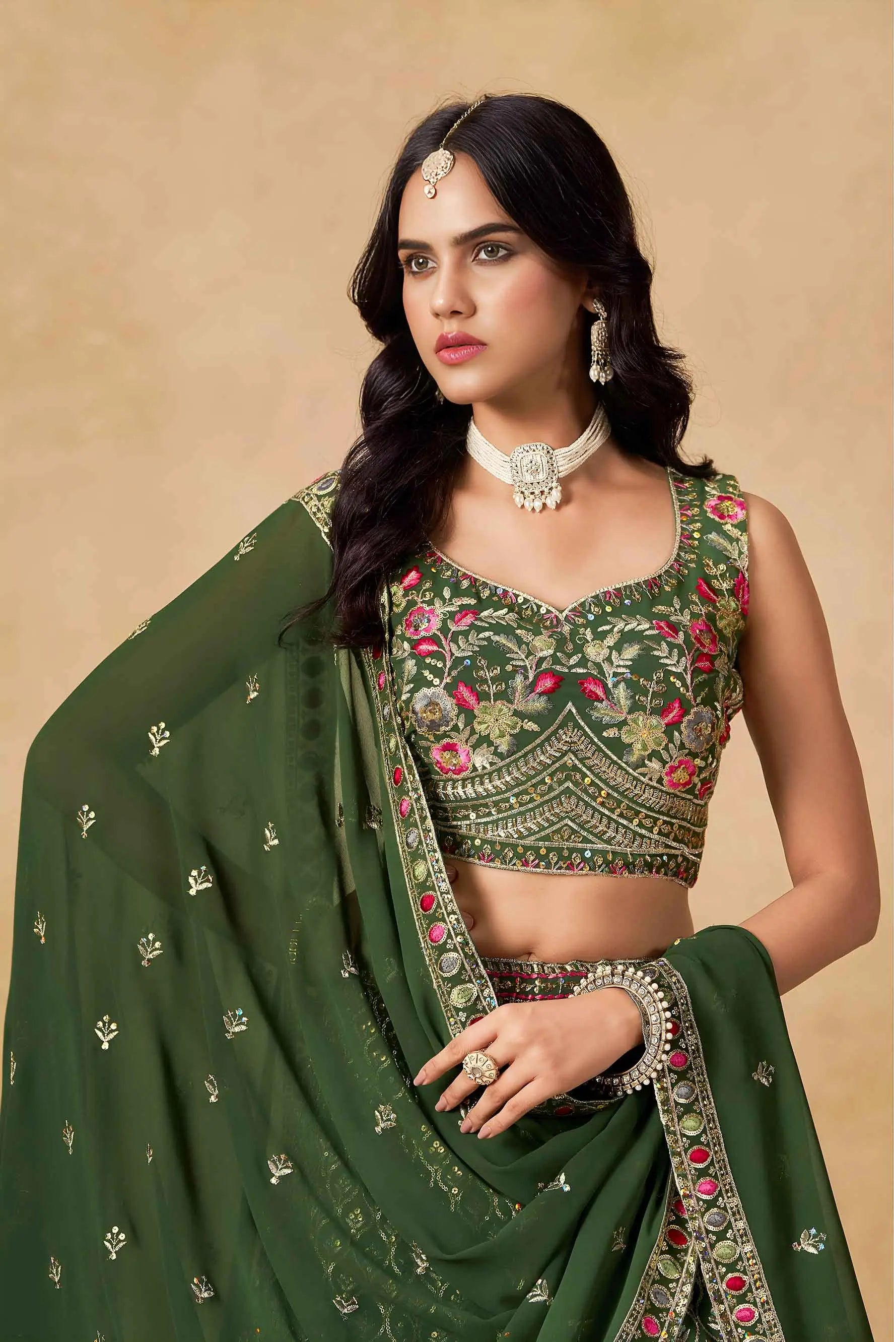 Dark Green Lehenga With Sequins Embroidery
