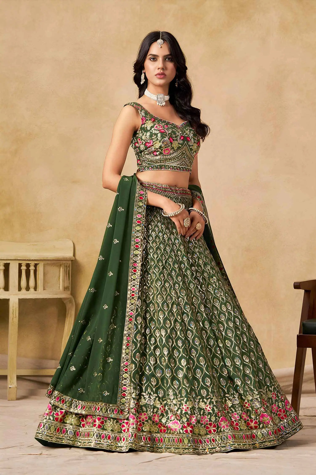 Dark Green Lehenga With Sequins Embroidery