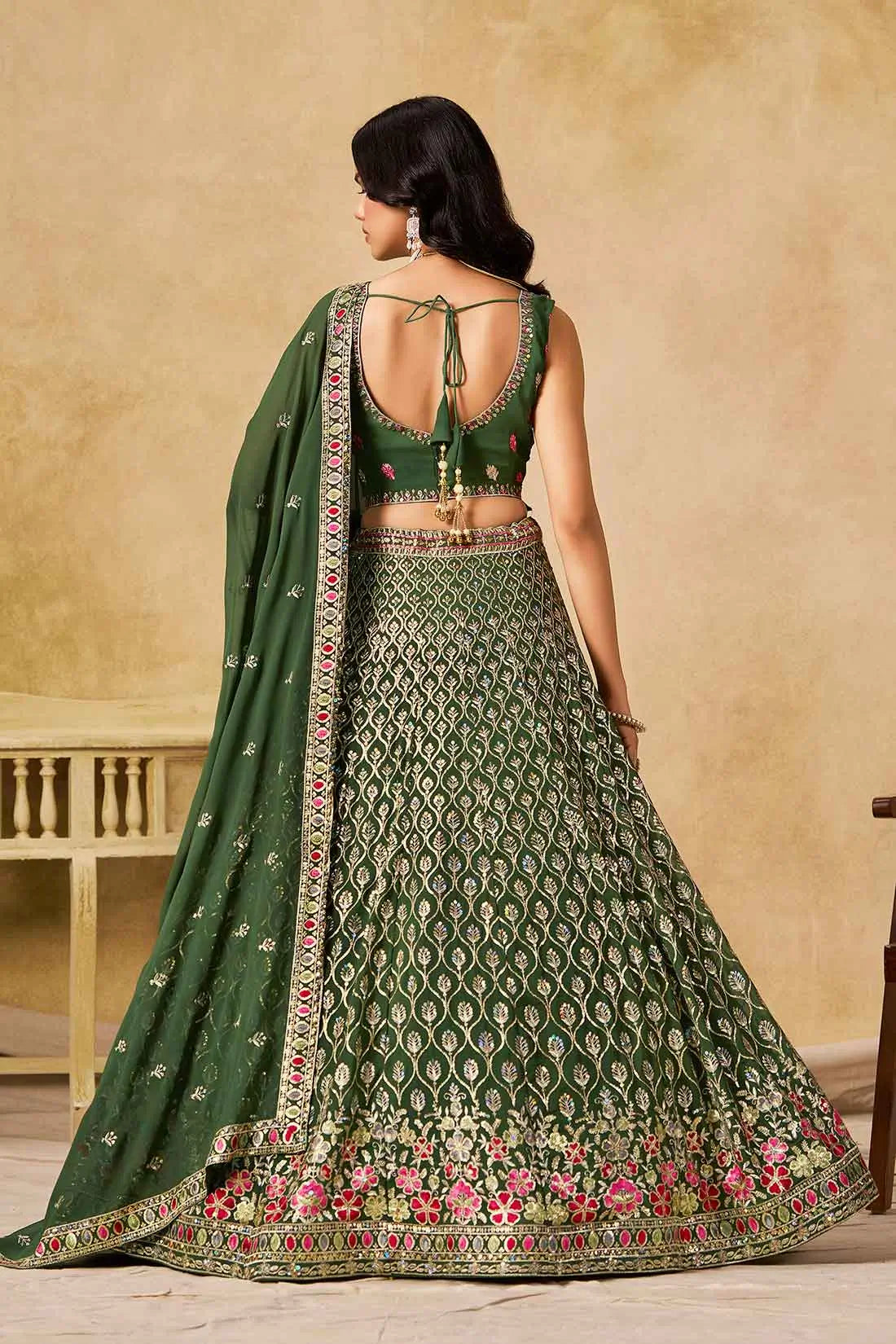 Dark Green Lehenga With Sequins Embroidery
