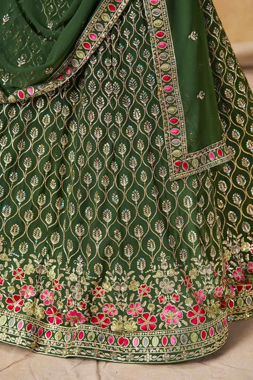 Dark Green Lehenga With Sequins Embroidery