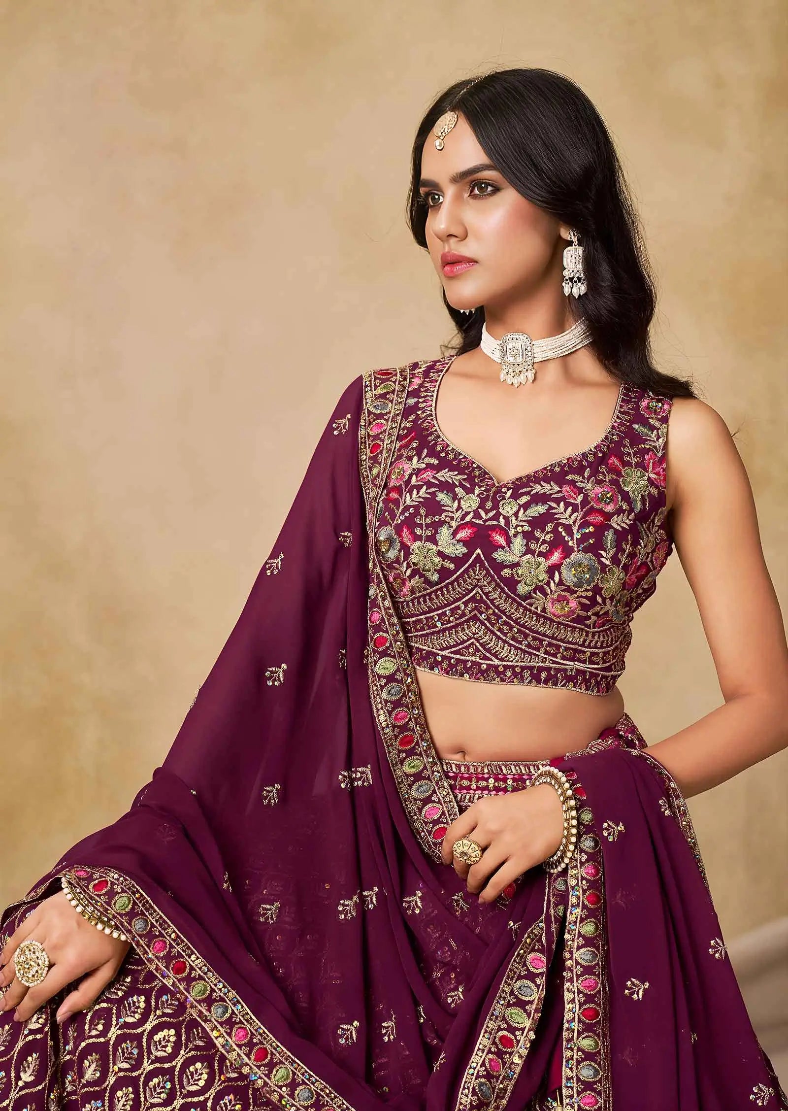 Maroon Lehenga With Sequins Embroidery Work