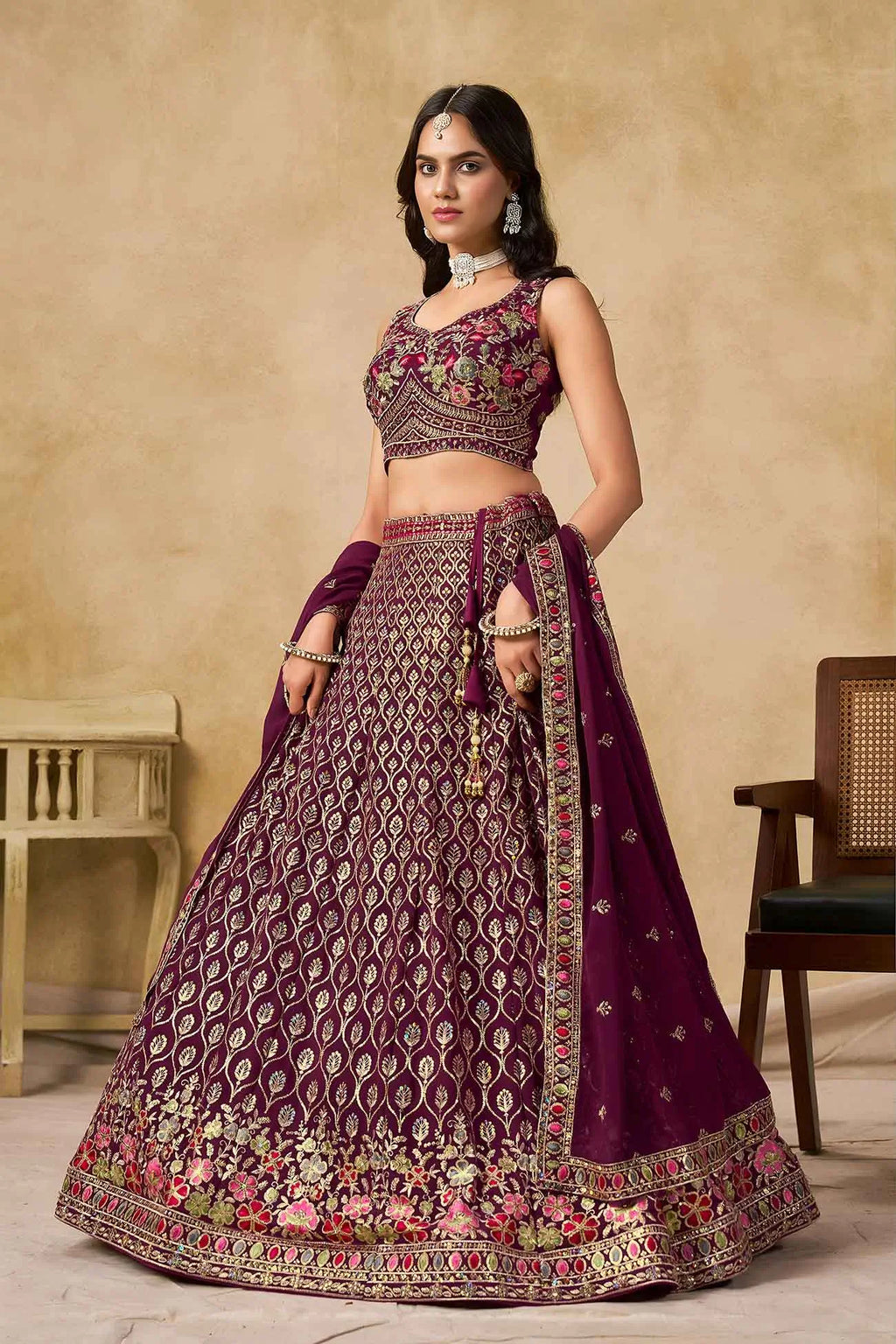 Maroon Lehenga With Sequins Embroidery Work