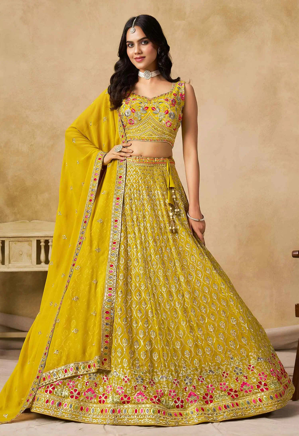 Yellow Lehenga With Sequins Embroidery Work